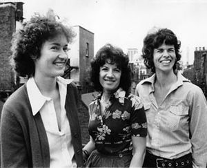 Black and white photo of Harriet Spicer, Carmen Callil and Ursula Owen in 1973