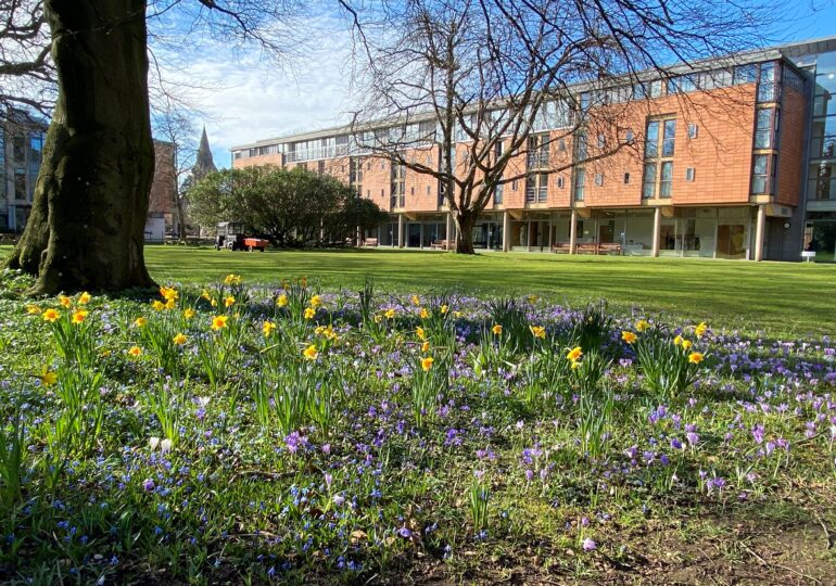 View across the gardens to Maplethorpe in the spring