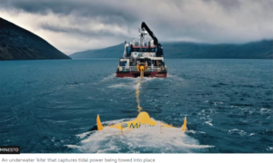 An underwater 'kite' that captures tidal power being towed into place