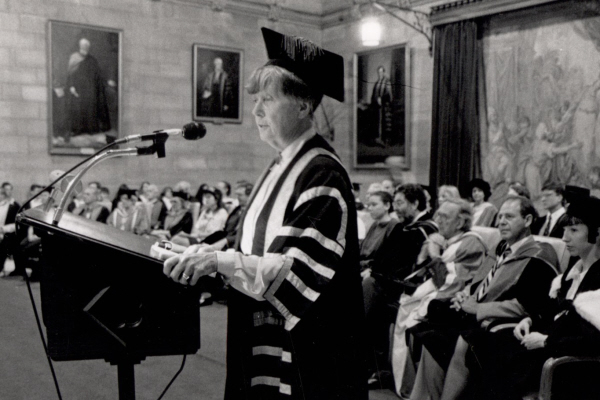 Dame Leonie Kramer in the Great Hall, Orientation Week 1991.