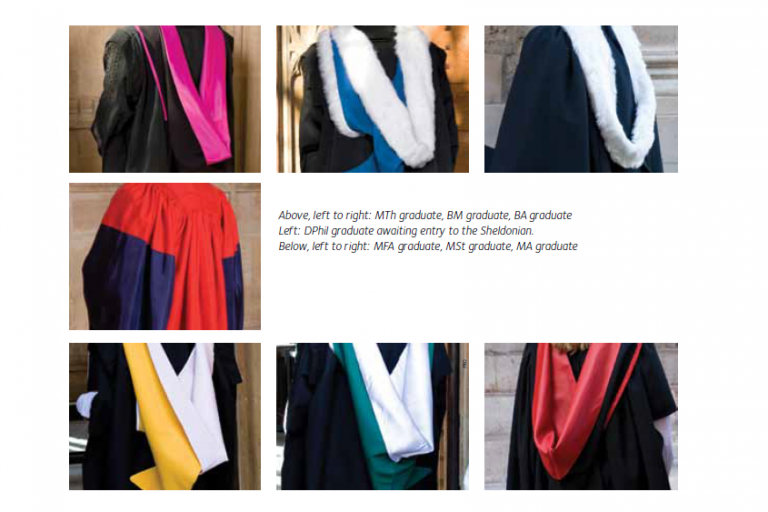 A series of images demonstrating the graduation hoods for various degree types.