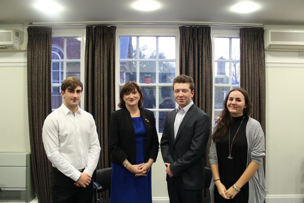 Nicky Morgan with three St Hugh's Law students