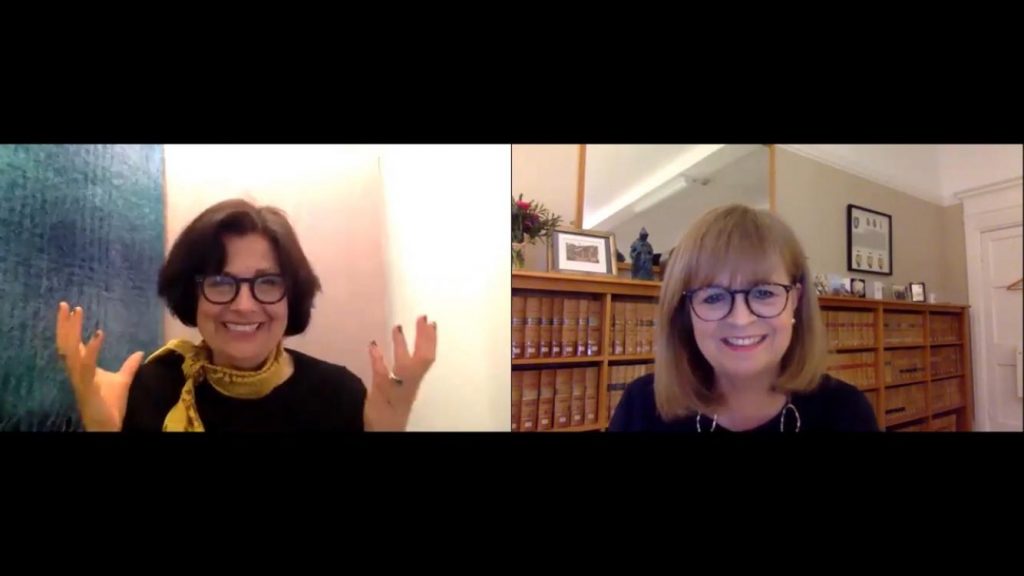 Screencapture from Dame Elish Angiolini's virtual interview with Rebecca Front